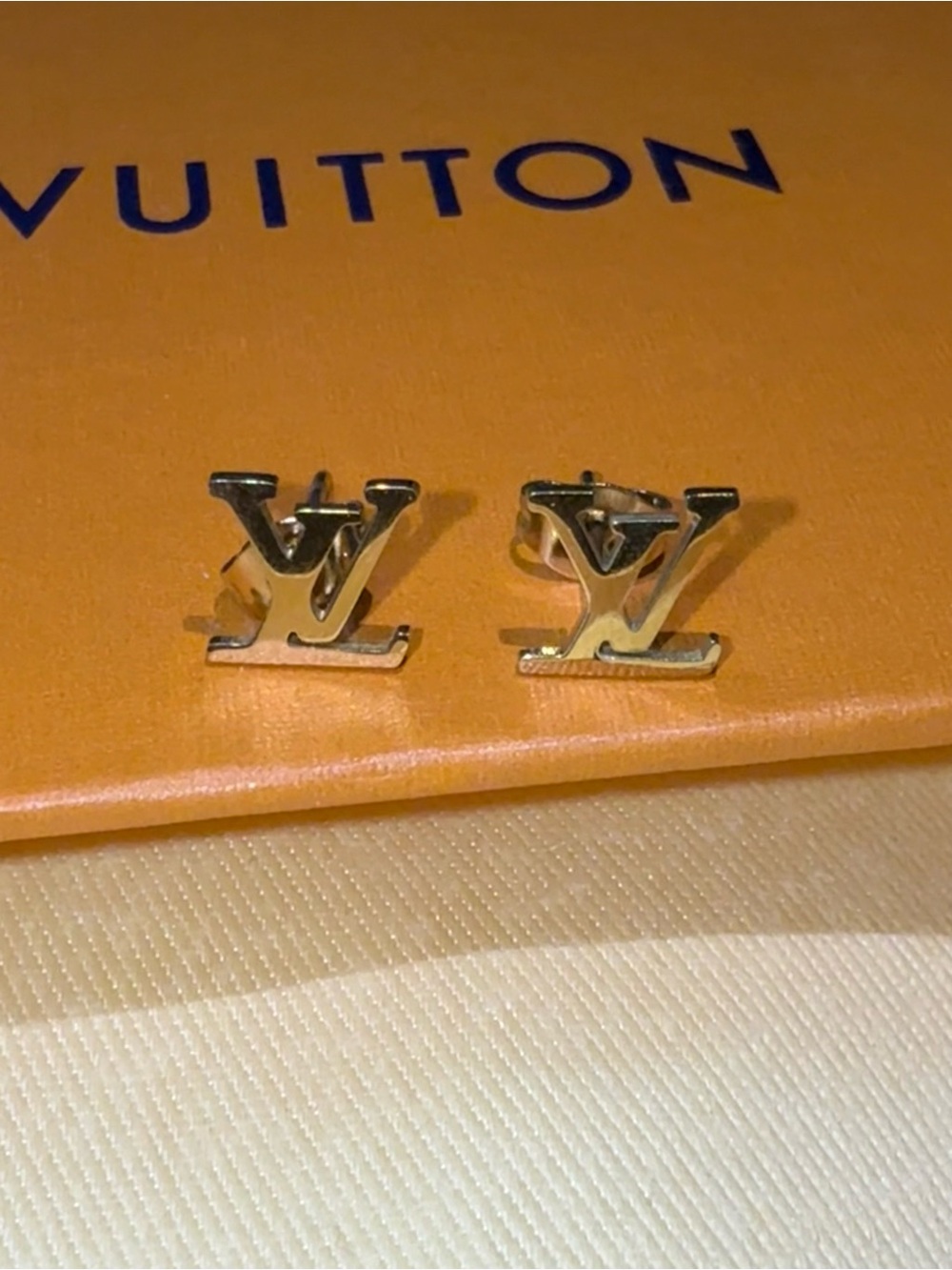 Gold LV Monogram Stud Earrings - Picture 2 of 2